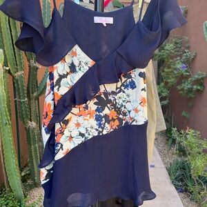 PARKER Navy/Floral, Open-Shoulder Silk Blouse, Size M, Like New.